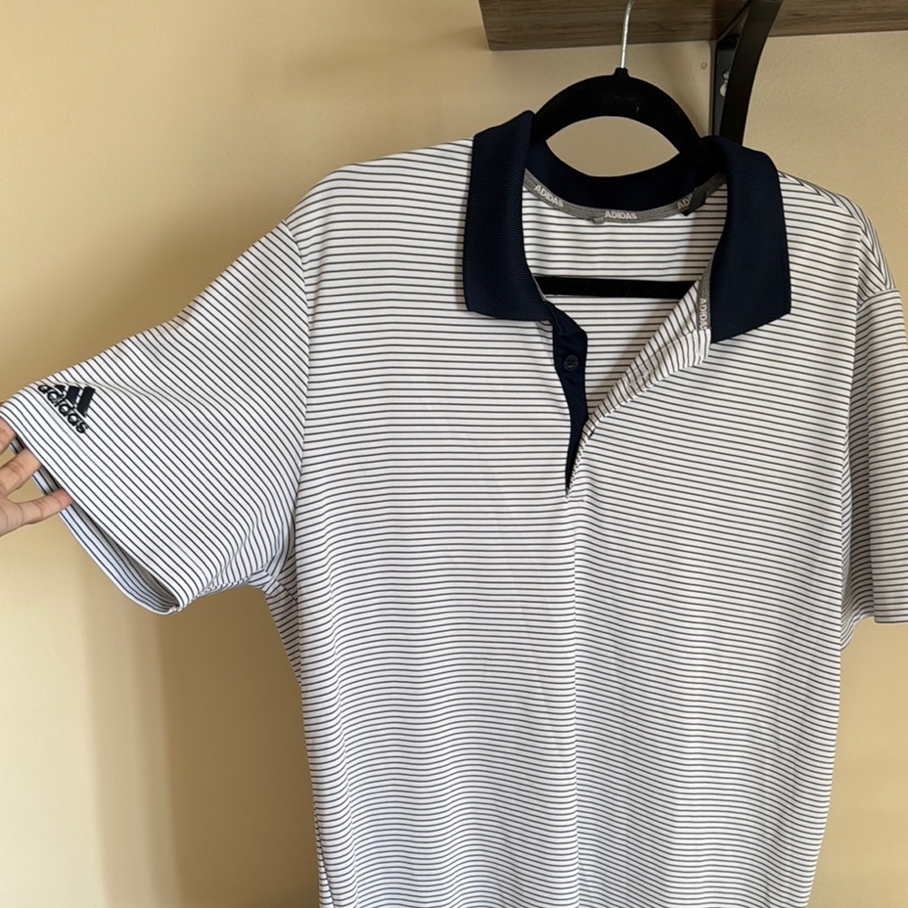 Adidas Men's Striped Golf Polo Shirt - Navy and White